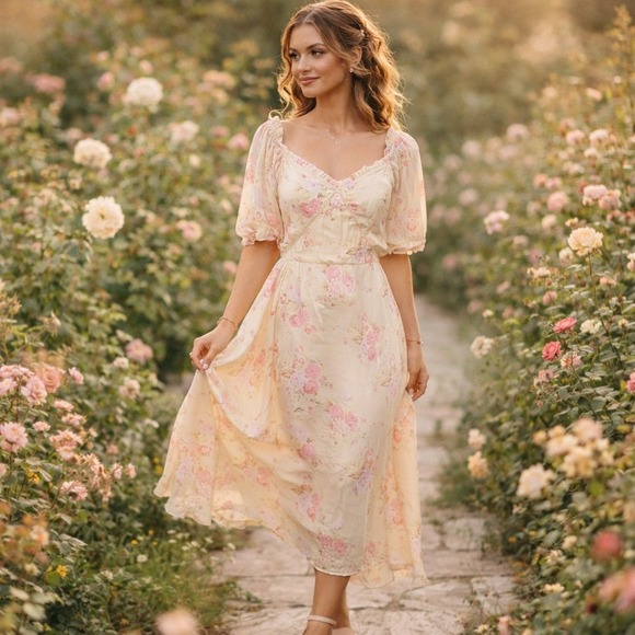 Ivy City Co Dresses & Skirts - Ivy City Cassidy Yellow Floral Midi Dress L Cottagecore Romantic Kentucky Derby